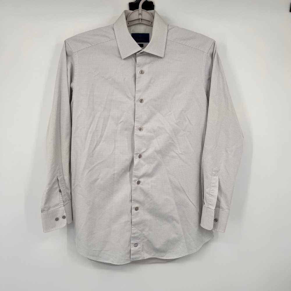 David Donahue Mens Slim Fit Dress Shirt 16.5 32/33 Grey White Micro Check Cotton